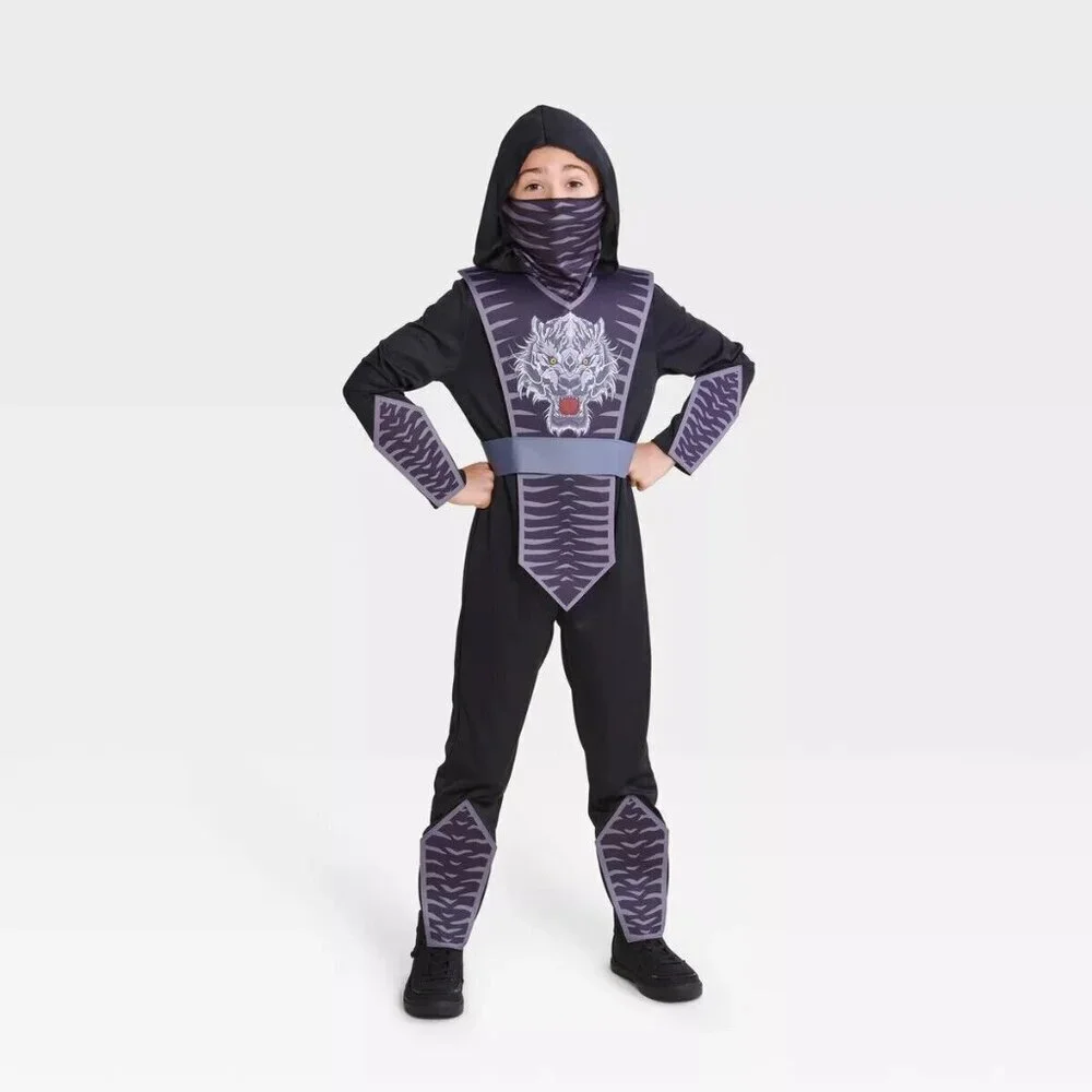 NEW Tiger Warrior Halloween Costume Boys Medium Black Gray Ninja Jumpsuit Mask
